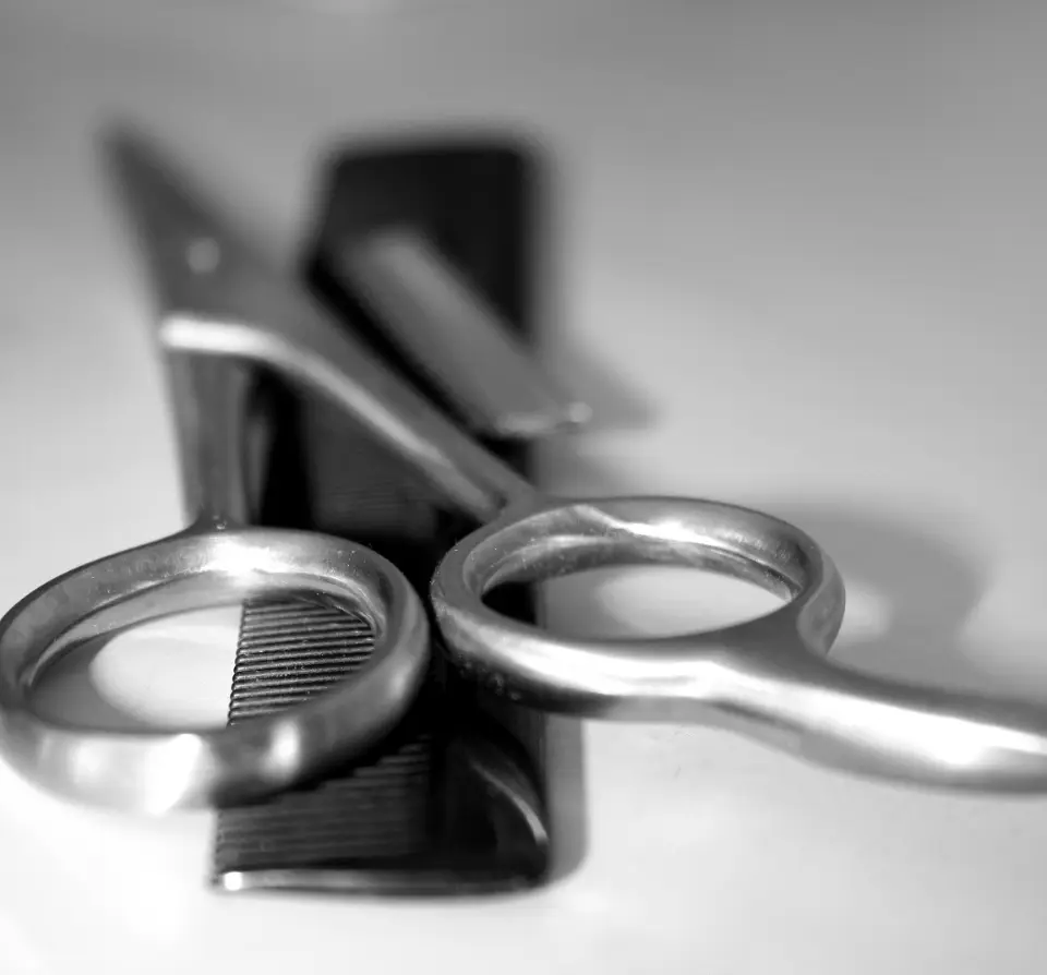 Black-and-white photo of scissors and a comb